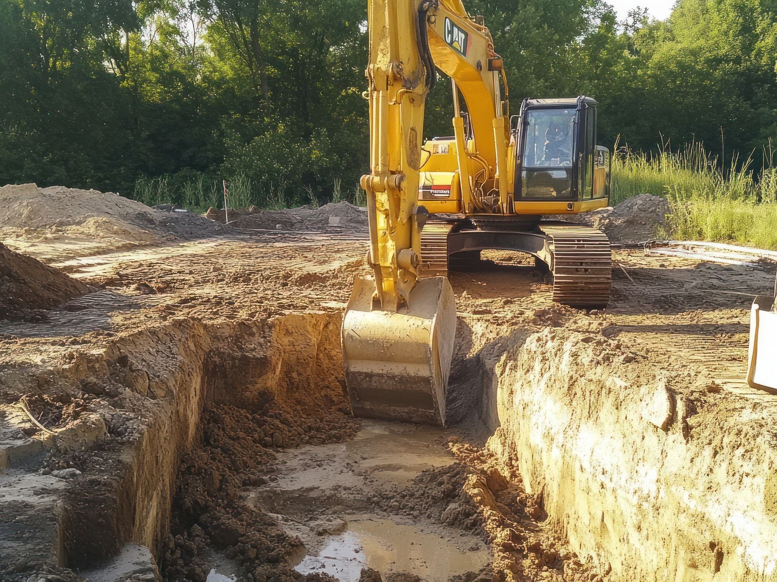 Excavadora abriendo una zanja en una obra